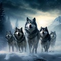 A majestic pack of wolves under a full moon in a vast, snow-covered landscape Royalty Free Stock Photo