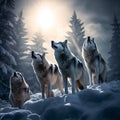 A majestic pack of wolves under a full moon in a vast, snow-covered landscape