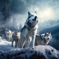 A majestic pack of wolves under a full moon in a vast, snow-covered landscape