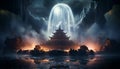 Majestic pagoda reflects spirituality in ancient cityscape at dusk generated by AI