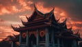 The majestic pagoda roof glows gold in the dramatic sunset generated by AI