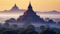 Majestic pagoda silhouette at dawn, ancient spirituality, generated by AI