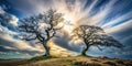 Majestic pair of windswept trees on a hilltop under a dramatic sky. Generative AI Royalty Free Stock Photo