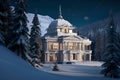 A majestic palace perched on a snowy mountainside