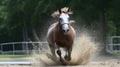 Majestic Palomino Horse Galloping in Sandy Arena Surrounded by Lush Trees