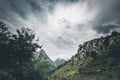 Majestic panorama of green mountains. Dramatic scene