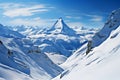 Majestic panorama Snowy mountain vista captured in expansive panoramic view Royalty Free Stock Photo