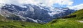 Majestic panoramic view of scenery along a swiss railways train, connecting Kleine Scheidegg to Wengernalp stations, Switzerland