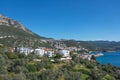 Majestic panoramic view of seaside resort city of Kas in Turkey. Hillside with traditional houses in the city, Villas and hotels