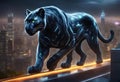 A majestic panther prowls through a futuristic cityscape