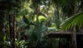 Majestic parrot soaring against a background of green foliage. Tropical wildlife