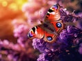 majestic peacock butterfly gracefully landing amidst a purple lilac Royalty Free Stock Photo