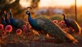Majestic peacock displays vibrant colors in nature beauty generated by AI