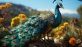 Majestic peacock displays vibrant colors in nature beauty generated by AI