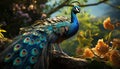 Majestic peacock displays vibrant colors in nature beauty generated by AI