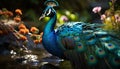 Majestic peacock displays vibrant colors in nature elegant beauty generated by AI