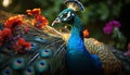 Majestic peacock displays vibrant colors, showcasing nature beauty generated by AI
