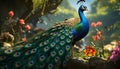 Majestic peacock displays vibrant elegance in nature beauty generated by AI