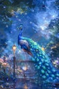 Majestic Peacock in Enchanted Night Garden with Glowing Lanterns and Starry Sky