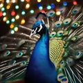 A majestic peacock with its colorful tail feathers decked out in holiday lights and ornaments2