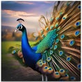 A majestic peacock with its colorful tail feathers decked out in holiday lights and ornaments5