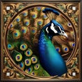 A majestic peacock with its colorful tail feathers decked out in holiday lights and ornaments4