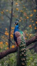 A majestic peacock poses elegantly on a tree branch