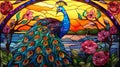 Majestic Peacock on Stained Glass Artwork. Generative ai