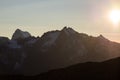 The majestic peaks of the Massif des Ecrins 4101 m national park with the glaciers, in France. Telephoto view from distant at su