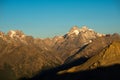 The majestic peaks of the Massif des Ecrins 4101 m national park with the glaciers, in France. Telephoto view from distant at su