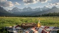 The majestic peaks provide a stunning backdrop for your picnic creating a pictureperfect memory Royalty Free Stock Photo