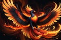 A Majestic Phoenix Ascending Mid-Flight from a Swirl of Fiery Orange and Red Flames, Wings Spread Wide