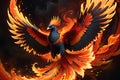 A Majestic Phoenix Ascending Mid-Flight from a Swirl of Fiery Orange and Red Flames, Wings Spread Wide