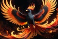 A Majestic Phoenix Ascending Mid-Flight from a Swirl of Fiery Orange and Red Flames, Wings Spread Wide