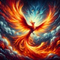 A majestic phoenix with its fiery wings, painting the sky with vibrant hues, bold painting, legendary, mythical spirit Royalty Free Stock Photo