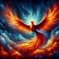 A majestic phoenix rising from the ashes, its fery wings painting the sky with vibrant hues, bold painting art, mythical animal Royalty Free Stock Photo