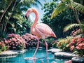 Majestic pink flamingo stands tall in lush tropical paradise surrounded by a crystal clear pond