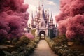 Majestic Pink princess castle. Generate Ai Royalty Free Stock Photo