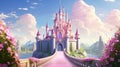 A majestic pink princess castle stands tall against a bright blue sky Royalty Free Stock Photo