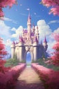 A majestic pink princess castle stands tall against a bright blue sky Royalty Free Stock Photo