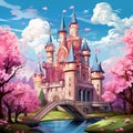 A majestic pink princess castle stands tall against a bright blue sky Royalty Free Stock Photo