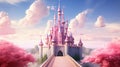 A majestic pink princess castle stands tall against a bright blue sky Royalty Free Stock Photo