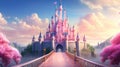 A majestic pink princess castle stands tall against a bright blue sky Royalty Free Stock Photo