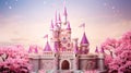 A majestic pink princess castle stands tall against a bright blue sky Royalty Free Stock Photo