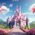 A majestic pink princess castle stands tall against a bright blue sky Royalty Free Stock Photo