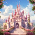 A majestic pink princess castle stands tall against a bright blue sky Royalty Free Stock Photo