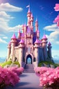 A majestic pink princess castle stands tall against a bright blue sky Royalty Free Stock Photo