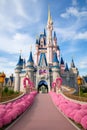 A majestic pink princess castle stands tall against a bright blue sky Royalty Free Stock Photo