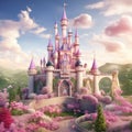 A majestic pink princess castle stands tall against a bright blue sky Royalty Free Stock Photo