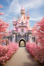 A majestic pink princess castle stands tall against a bright blue sky Royalty Free Stock Photo